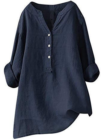 Chemisier Femme Chic et Élégant Coton Et Lin Chemise Col en V Bouton | Eté Manches Longues Printemps Tshirt Couleur Unie Respirant Coton Lin Tunique Grande Taille Pas Cher
