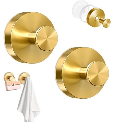 SoeUyd 2 Stück Saugnapf Haken,Saughaken,Handtuchhaken,Haken Ohne Bohren Klebehaken Extra Stark Keine Bohrung Handtuchhakens für Badezimmer Wände Küche Glas Spiegel Fliesen Metall Hakens (Gold)
