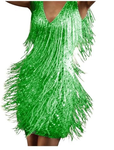Abito Con Nappe Con Paillettes Abito estivo con scollo a V profondo senza maniche e senza spalline Abito estivo sexy con frange e cuciture con paillettes Mini abito a tubino Abito con nappa Abito Da D