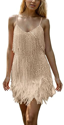 Women Sexy Deep V-Neck Spaghetti Straps Fringe Bodycon Mini Dress Tassels Backless Cocktail Club Party Dresses Women's Sequins Tassel Dance Dress Flapper Fringed Latin Salsa Ballroom Dance Costume