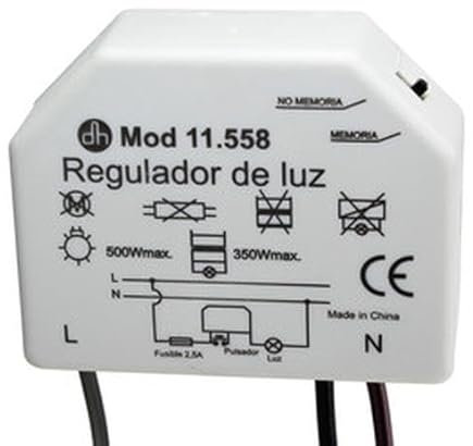 Regulador de luz de cajetín 350W, control de intensidad y ahorro energético, ideal para ambientes ajustables y mejora del confort.