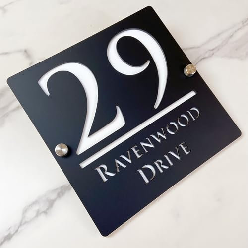 Letrero de número de casa de suspendido hueca 3D acrílico personalizado con nombre de calle fuente moderna | Señal de dirección de tienda placa puerta (negro blanco)
