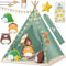 KIDIZ® Tipi Zelt für Kinder Spielzelt 100x100x160cm Kinderzelt aus Baumwolle mit LED-Lichterkette, Leuchtstern, Fahnengirlande, 3 Plüschtiere, Untermatte & Tragetasche Spielhaus für drinnen & draußen