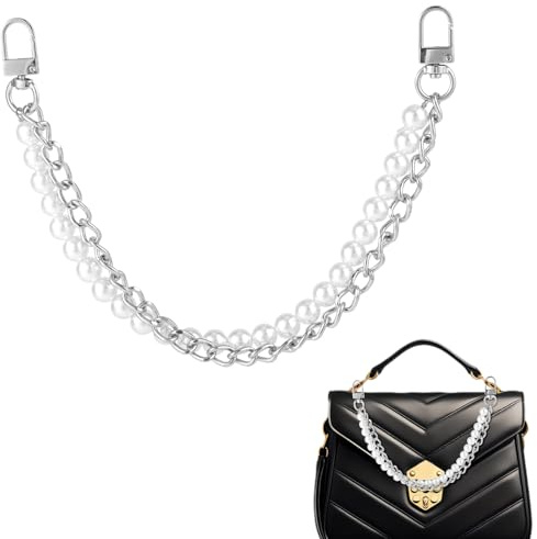 Pearl Purse Chain, 32cm Pearl Bag-förlängningskedja Imiterad Pärlrem med Metallbockar Tillbehör för Ersättningsberlocker Handväskor Plånböcker och Pysseltillbehör (Silver)