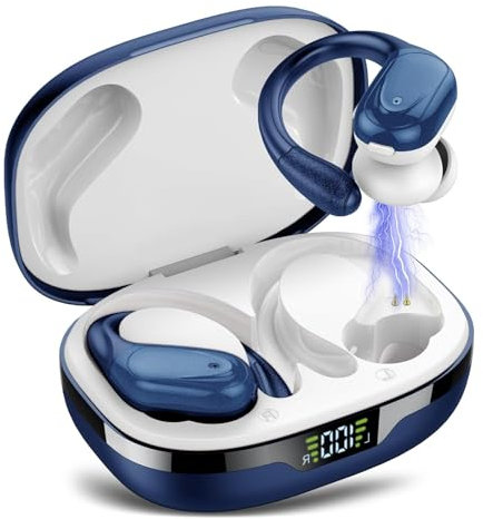Auriculares Inalambricos, Auriculares Bluetooth 5.3 Deportivos con Gancho de la Oreja, 60H de Reproducción, Pantalla LED, Llamada ENC HD, Profundamente Bajo, Ajuste Cómodo, IP7 Impermeable Blanco Azul