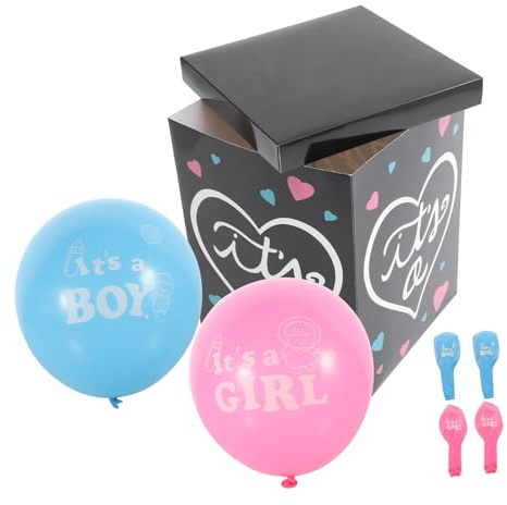 LRXIYODE Caja De Revelación De Género Para Baby Shower Globos Azul y Rosa, Tamaño 30x30x40 Cm, Papel y Plástico Resistente, Decoración Para Fiesta De Bebés 6 Globos – Juego Para Fiesta De Revelación