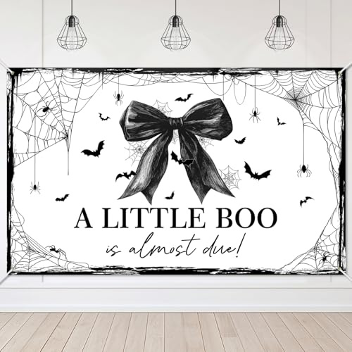 Lecheme Halloween Baby Shower Banner White Black Bow A Little Boo is Almost Due Backdrop Background for Girl Spider Web Halloween Baby Shower Party Decorations 6x3.6 ft
