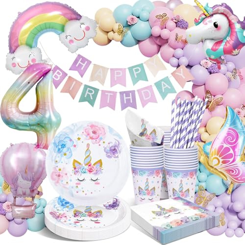 Unicornio Decoración de Cumpleaños Niña 4 Años Fiesta Vajilla Unicornio Platos de Papel Infantil Cumpleaños con Globos Mantel para 4 Años Niños Niñas