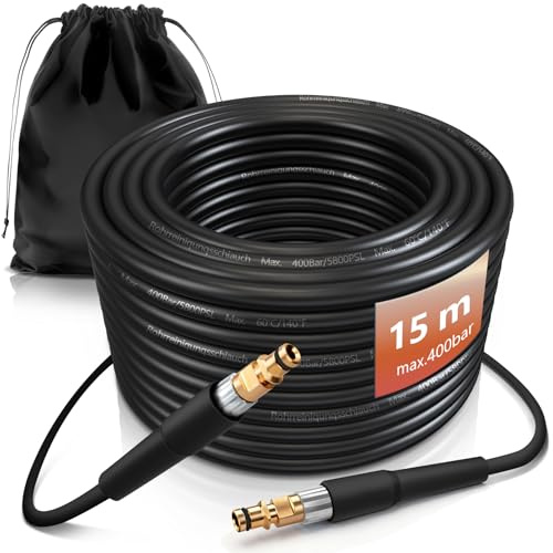 Rörrengöringsslang set 15 m, 400 bar, 60 °C, kompatibel med K2-K7, hård högtryckstvätt rörrengöringssats, högtrycksslang med väska, effektiv rengöring av rör och avlopp
