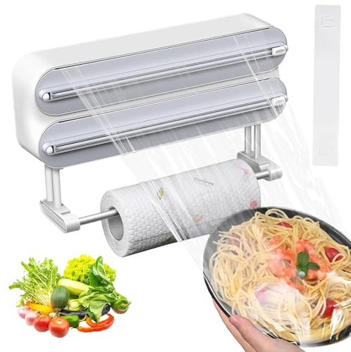 Dispensador de Papel y Película de Aluminio, Portarrollos de Pared para Cocina, Soporte Magnético para Rollos de Cocina, Dispensador Papel Aluminio y Film con Portarrollos Cocina, Gris
