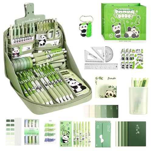 Generico Materiale scolastico per bambini, set di cancelleria Panda, set di cancelleria per l'apprendimento estetico | Notebook Righello Penne Adesivi Tab Portachiavi Kit estetico per studenti