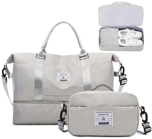 JXCTNNU sportväska reseväska handbagage väska dam reseväskor weekendväska vattentät reseväska med ryggsäck skofack och våtfack för resor gym yoga, LJUSGRÅ, 51 x 24 x 35 cm