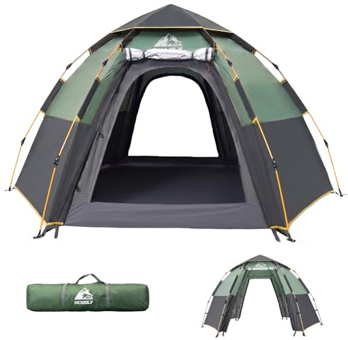 Hewolf Camping Zelt - Zelt 2/3/4 Personen Wasserdicht mit Vorzelt Familienzelt Einfache Einrichtung Campingzelt Biwakzelt Tent, 2-4 Mann Sechseckigeszelt Pop Up Wurfzelt (Grün)