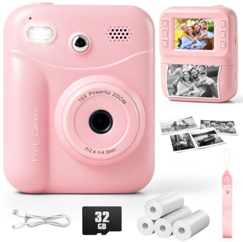 Lullu Camara Fotos Infantil Instantanea, 48MP Fotografia Niños 3-12 Años | 1080P Maquina Instantánea, 32G Tarjeta, 4 Rollos Impresora, Cámara Instanea Niña Regalo de Juguete para Criança, Antigolpes
