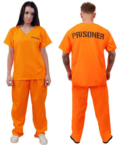 Adults Unisex Prisoners Costume – Medium - Orange Prisoner Top, Matching Orange Trousers – Cops & Robbers, Halloween Fancy Dress
