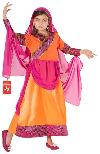 Morph Deguisement Sari Indien Fille, Costume Halloween Enfant | Robe Orange Ornée & Voile Assorti, Style Traditionnel Indien, Parfait pour Halloween, Idéal pour les Jeux de Rôle