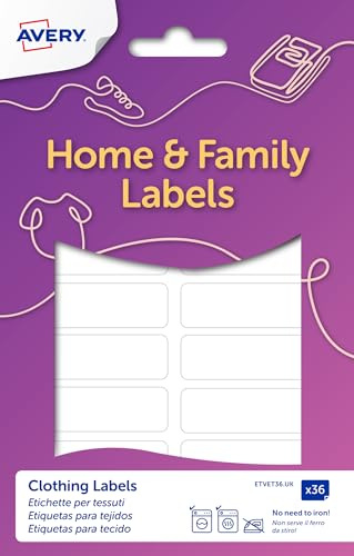 Avery Stick-On Clothing Labels for Kids – Handwriting Name Stickers, No Iron or Sewing, Waterproof & Washer Safe, School Uniform & Nursery Labels, White, 45mm x 13mm, 36 Pack (ETVET36.UK)