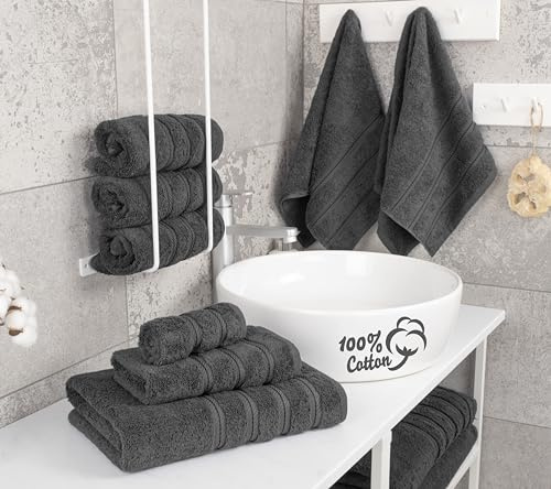 American Soft Linen Luxury - Juego de 6 Toallas para baño, 2 Toallas de baño, 2 de Mano y 2 faciales de 100% algodón Turco, Juego de Toallas, Color Gris Oscuro