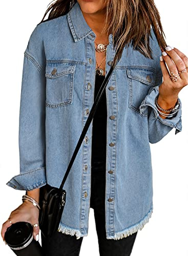 Dokotoo Jean Jacket Women Spring Summer Fall Country Concert Outfits Casual Long Sleeve Denim Shirt Distressed Boyfriend Denim Jacket Shackets Western Jean Jacket Womens Clothing Sky Blue Jackets XL