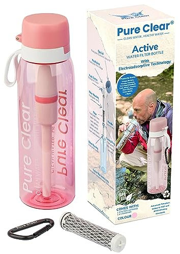 Pure Clear Filter Water Bottle - 769ml - Water Filter Bottle with Electro-Adsorptive Tech to Remove Viruses, Bacteria, Parasites & More - Filtered Water Bottle For Travelling, Gym & Outdoors - Pink