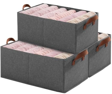Ruucy 3 Pack Foldable Storage Box, Fabric Boxes with Handles, Fabric Storage Baskets for Shelves, Wardrobe Storage Organisers for Clothes, Toys (45x28x20 cm, Grey)
