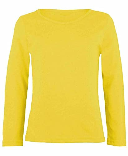 Generation-Plus+® Girls Boy Kids Plain Basic Long Sleeve Round Neck T-Shirt Stretch Uniform PE School Tee Top (Yellow, 11-12 Years)