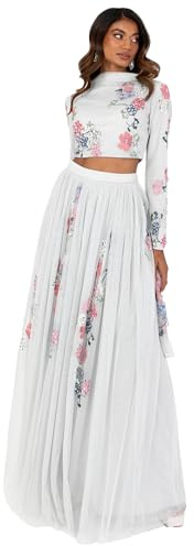 Maya Deluxe Indian Traditional Dress for Women Outfit Lengha Choli Lehenga Saree Skirt and Top Dupatta Coord Set for Wedding Guest Grey Embrioreded Flowers Size 12