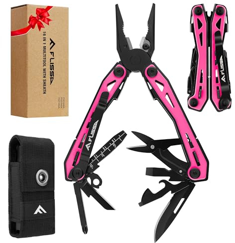 FLISSA 16-in-1 Pink Multi Tool Pliers, Gifts for Men, Stainless Steel EDC Multitool with Pocket Knife, Belt Clip and Oxford Pouch, for Camping Survival Outdoor Activities