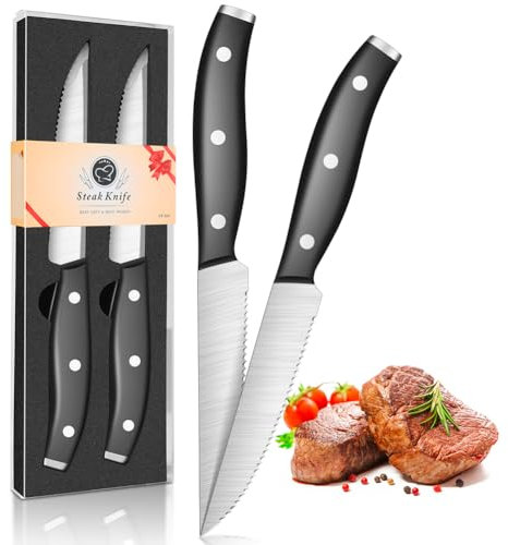 Steak Knives, kyushublade Steak Knife Made of Premium Stainless Steel, Full Tang Serrated Kitchen Knife with Comfort Ergonomic Black Handle, Non-Slip, Dinner Table Cutlery Set Knives (2)