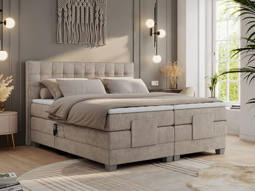 MKS MEBLE Boxspringbett 160x200 elektrisch verstellbar 7-Zonen Taschenfederkern Matratze inkl Visco Topper Bett 160x200 mit Motor Polsterbett Motorbett - Elektro - Beige Struktur - H3