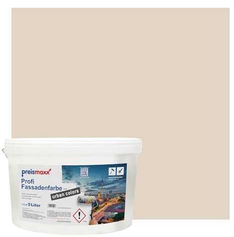 Preismaxx Profi Fassadenfarbe urban colors, bunte Außenfarbe, beige, keksfarben, cookie 5L, matte, wasserabweisende Aussen-Dispersion, hohe Wasserdampfdurchlässigkeit
