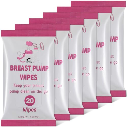 Threlaco 6 Pack 120 Count Breast Pump Wipes Quick Clean and Irritant Free Resealable Convenient Breast Pump Cleaning Wipes Hygienic Breastfeeding Supplies(Pink)