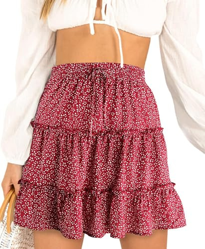 Jupe d'été plissée courte bohème pour femme - Élastique - Taille haute - Jupe de plage - Cordon de serrage - Volants - Fleurs - Mini jupe