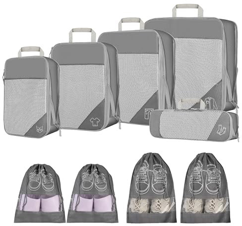 9-teiliges Kompressions-Packwürfel-Set, ultraleicht, wasserdicht, erweiterbar, Reise-Organizer für Koffer, Handgepäck und Camping (grau)