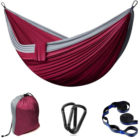 Hamaca para Acampar al Aire Libre Hamaca de Viaje | 2 Personas hasta 300 kg, 300 x 200 cm, Paracaídas de Nailon |Incluye 2 Mosquetones y 2 Correas de Nylon, para Jardines Interiores y Exteriore
