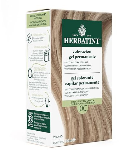 Herbatint Colorazione Gel Permanente per Capelli 10C Biondo Platino Cenere - 170 ml | Senza Ammoniaca, Copertura Ottimale dei Capelli Grani | per pelli Sensibili, con 8 Estratti Naturali Bio