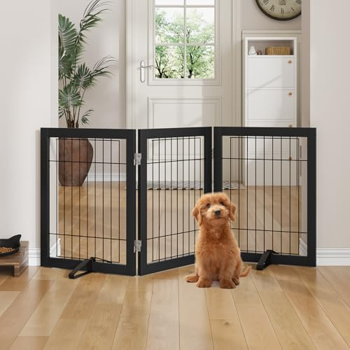 Semiocthome Fristående hundgrindar och barriärer inomhus husdjursgrindar för dörröppningar och trappor 61 cm H – 3 paneler valpgrind med 2 metallstativ, justerbara säkerhetsstaket tråd hundgrind med