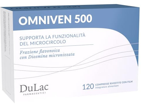DuLàc, Omniven 500 120 Compresse da 650 mg, Integratore Alimentare per Circolazione, Gambe Gonfie e Pesanti, con Diosmina ed Esperidina, Ideale per Microcircolo e Capillari Fragili, Made in Italy