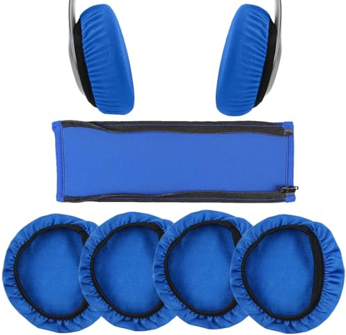 4 pezzi copri cuffie + 1 pezzo copri fascia per cuffie, cuscinetti auricolari lavabili per cuffie, copri fascia per cuffie, protezione dal sudore, per cuffie da 9-11 cm (blu)