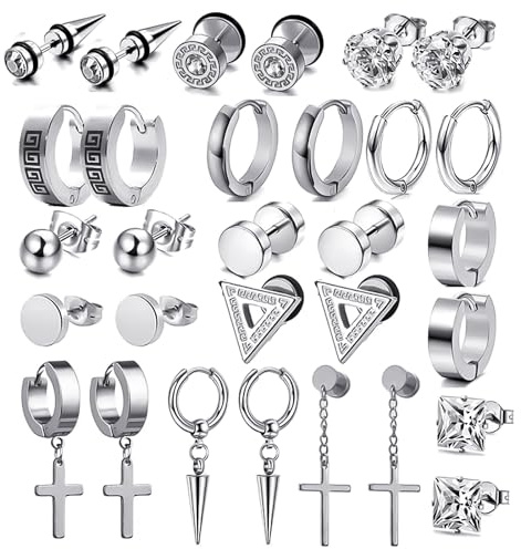 ZXTGBQ 15 Pares Pendientes Hombre, Piercing Ear Bisel Redondo, Pendientes de Aro Plata, Cruz Colgante Set (Sliver)