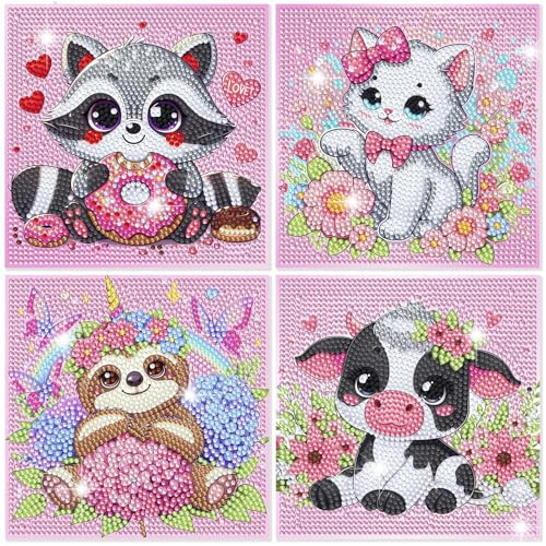 4 Pezzi Diamond Painting Bambini Kit Completo, 5D DIY Pittura Diamante, Carino Animali, Disegni con Perline da Attaccare, Hobby Creativo per Adulti e Bambini, Decorazioni Casa e Regalo (15x15 cm)