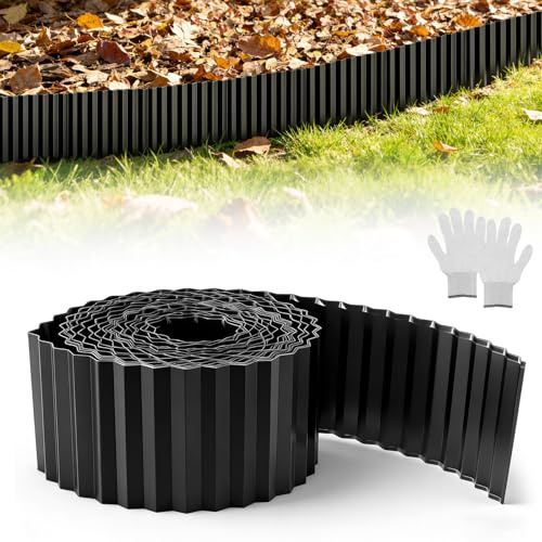 Professional Galvanised Steel Lawn Edging 10m (393.7in) x 15cm (6in), Corrugated Metal Garden & Flower Bed Border,Rust-Proof, Durable Mowing Strip for Modern Landscaping Black