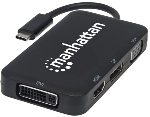 Manhattan 152600 USB-C 4-in-1 Audio/Video-Konverter (USB 3.1 Typ C-Stecker auf HDMI-/DisplayPort-/VGA-/DVI-Buchse) schwarz