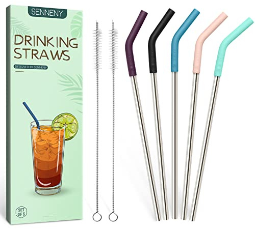 Senneny Set of 5 Stainless Steel Straws with Silicone Flex Tips Elbows Cover, 2 Cleaning Brushes and 1 Portable Bag Included (Silver)- 8mm diameter