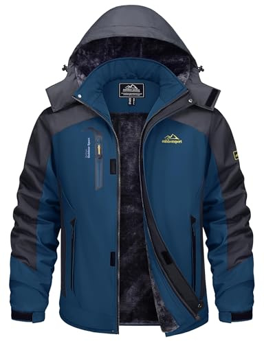 TACVASEN Military Jacket Men Fleece Waterproof Jacket Work Softshell Jacket Hooded Jacket Denim Outdoor Jacket Fleece Tactical Jacket Waterproof Raincoat Motorbike Jacket with Zip Pocket Blue