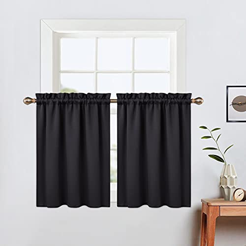 LinTimes Short Curtains 30 Inches Long for Bathroom Set 2 Panels Rod Pocket Cafe Tier Curtains Light Blocking Blackout Room Darkening Camper Curtains for Small Windows Kitchen 26x30 Inch Length Black