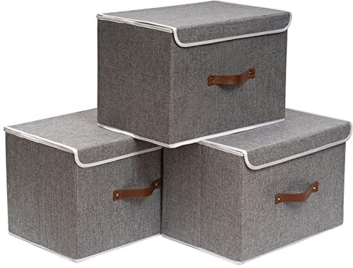 OUTBROS Large Collapsible Storage Box, Linen Fabric Wardrobe Containers with Lid, Organiser For Towels, Clothes, 38x25x25 cm (Grey, 3-Pack)