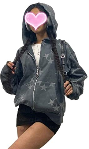 Women's Y2k Zip Up Hoodies Long Sleeve Graphic Star Print Hooded Jacket Oversized Goth Harajuku Sweatshirt Punk Grunge Streetwear (A, S)