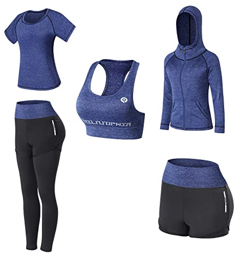 JULY'S SONG - Conjunto de yoga con 5 prendas, para correr, gimnasio, fitness, azul marino, S