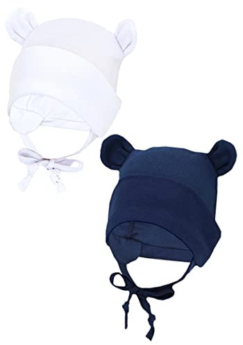 TupTam Baby Erstlingsmütze mit Ohrenklappen 2er Pack, Farbe: Weiß/Dunkelblau/mit Ohren, Größe: 62-68